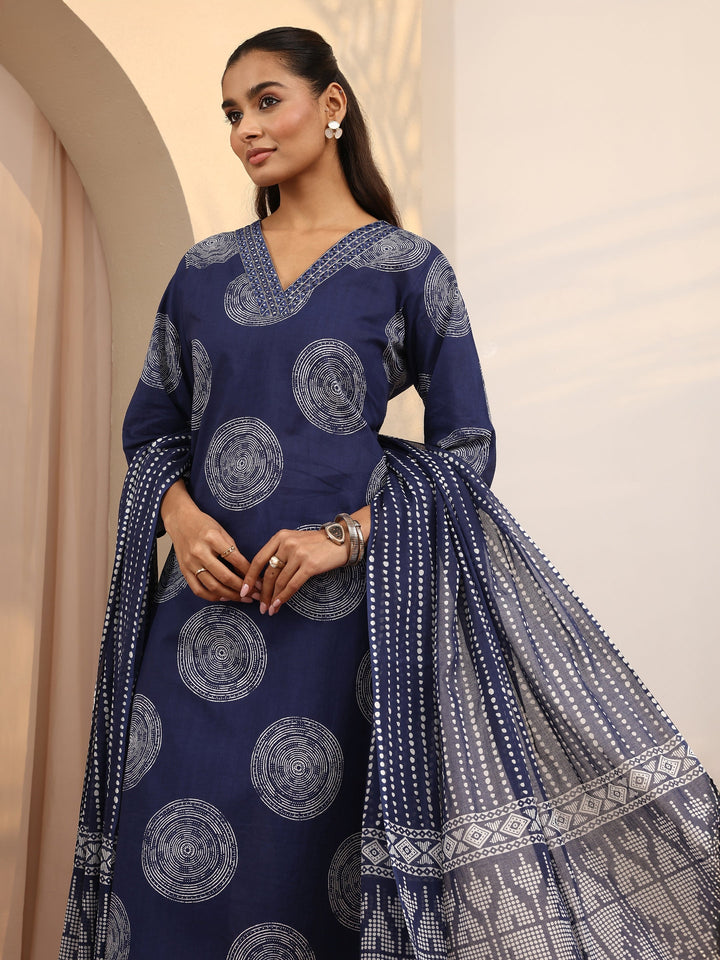 Blue Geometric Printed Cotton Suit Set With Dupatta