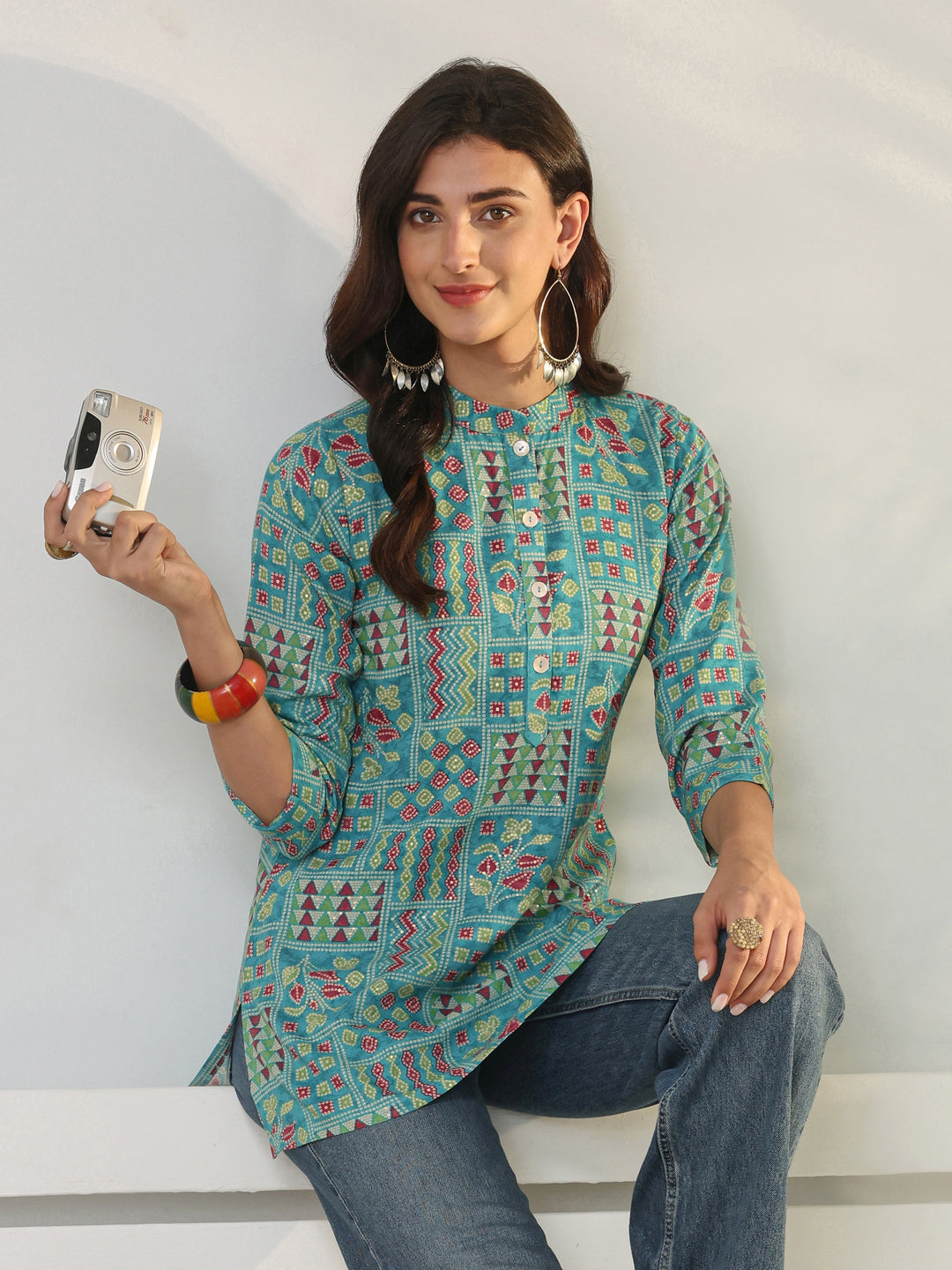Blue Geometric Printed Rayon Straight Short Kurti