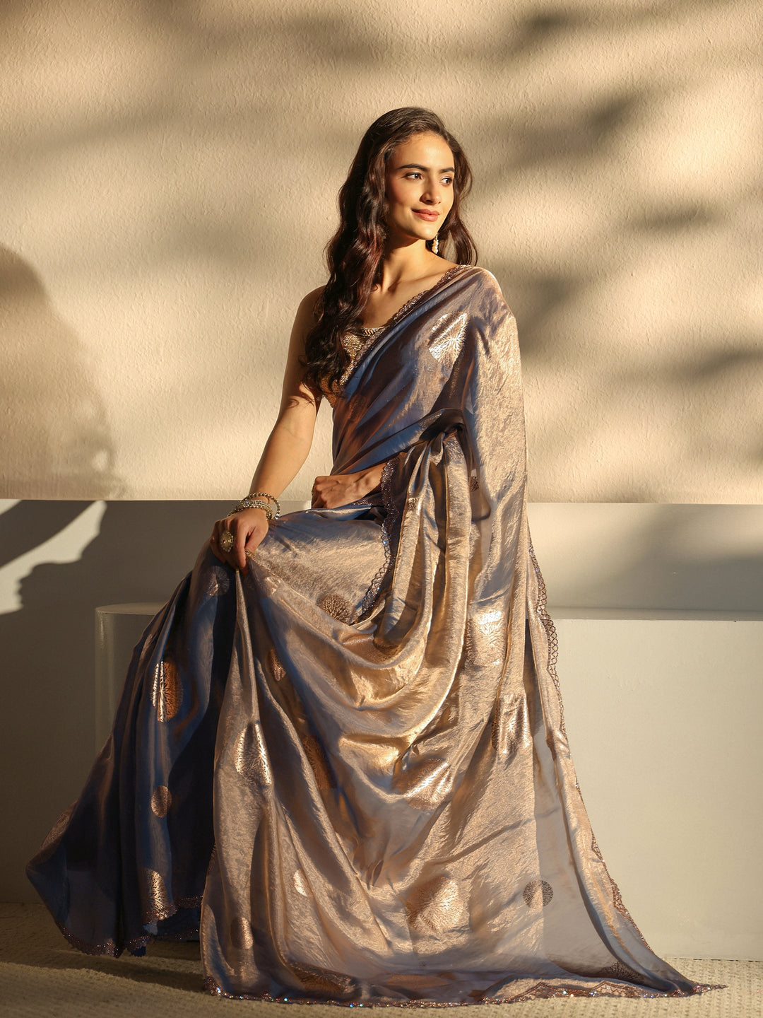 Blue Geometric Printed Tissue Saree With Unstitched Blouse Piece