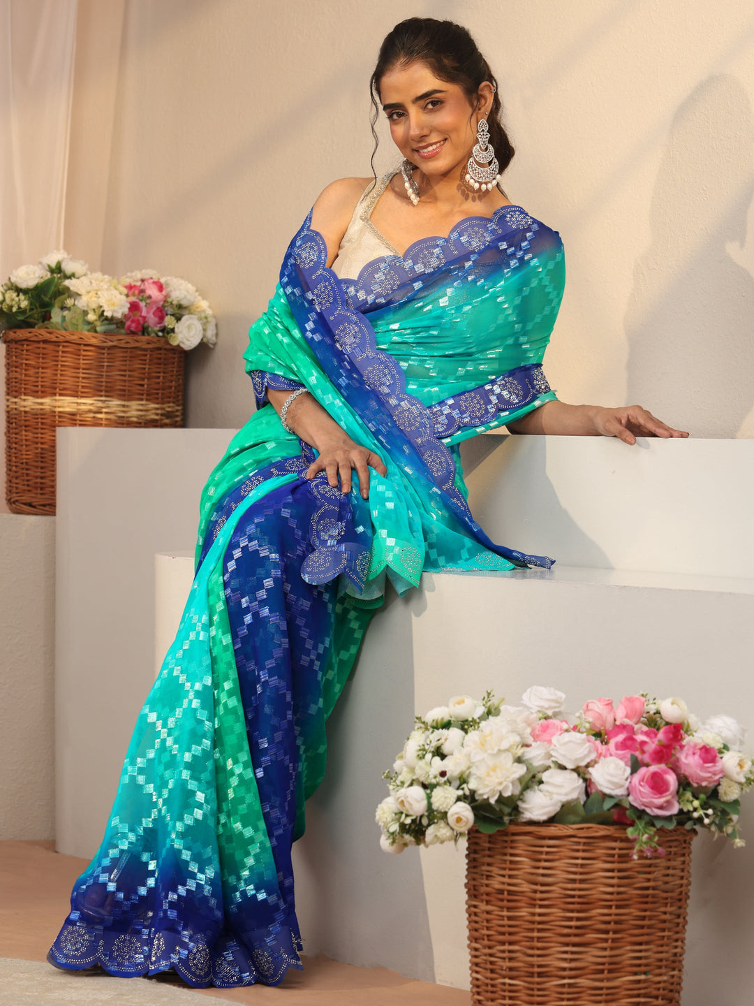 Blue Geometric Self Design Georgette Saree