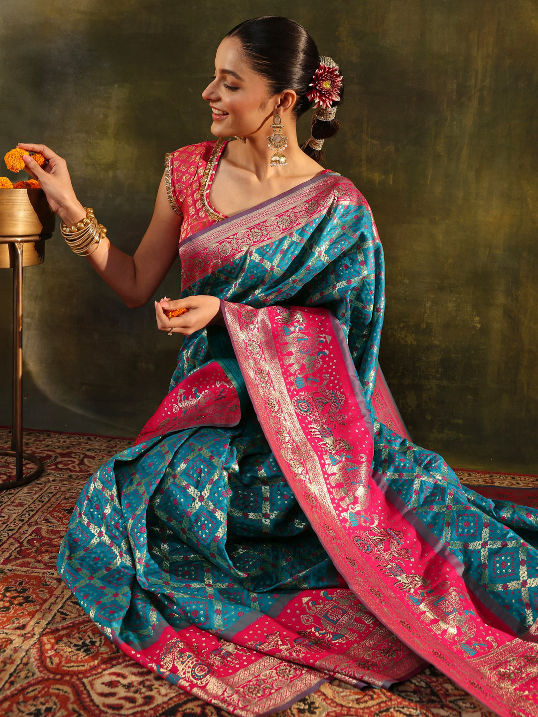 Blue Gharchola Woven Design Silk Blend Saree With Unstitched Blouse Piece