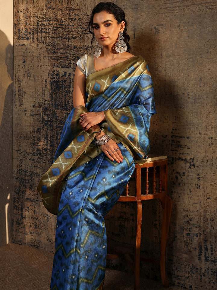 Blue Ikat Printed Silk Saree With Unstitched Blouse Piece
