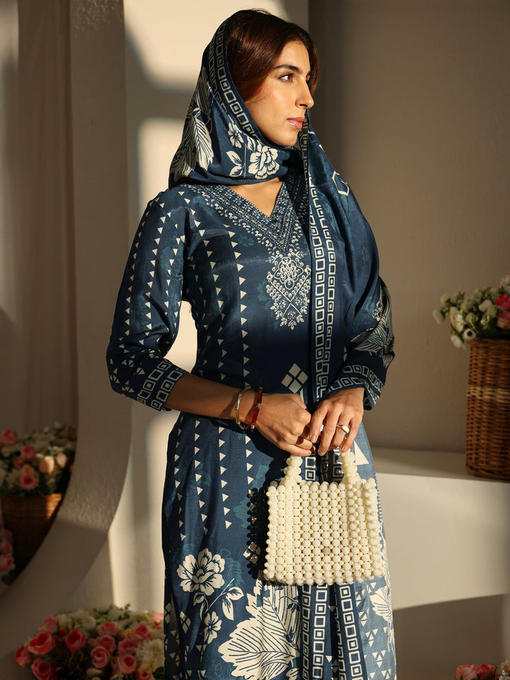 Blue Multi Printed Cotton Blend Straight Suit Set With Dupatta
