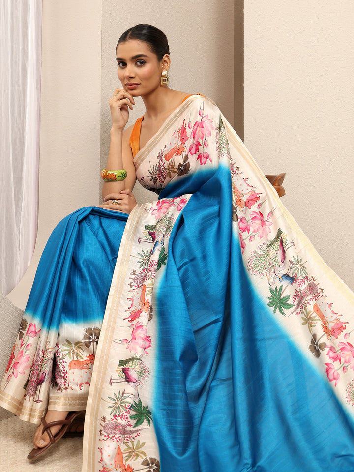 Blue Ombre Solid Silk Blend Saree With Unstitched Blouse Piece