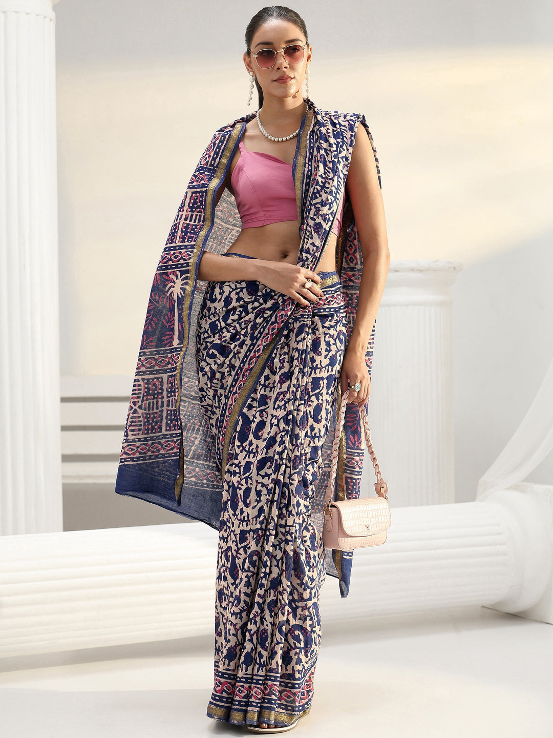 Blue Paisley Printed Cotton saree