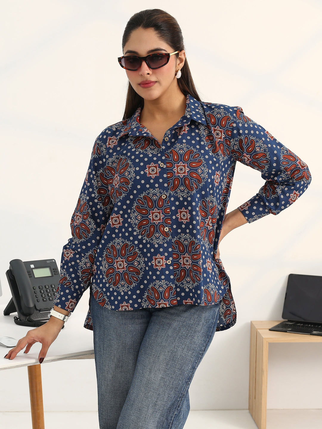 Blue Paisley Printed Cotton Shirt