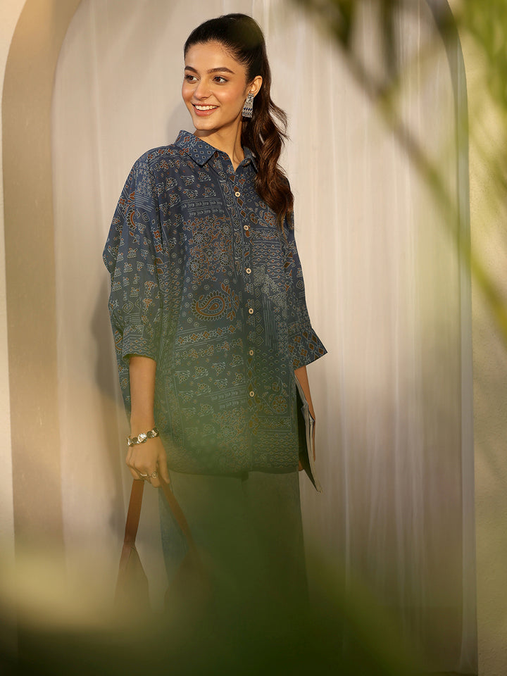 Blue Paisley Printed Cotton Straight Shirt