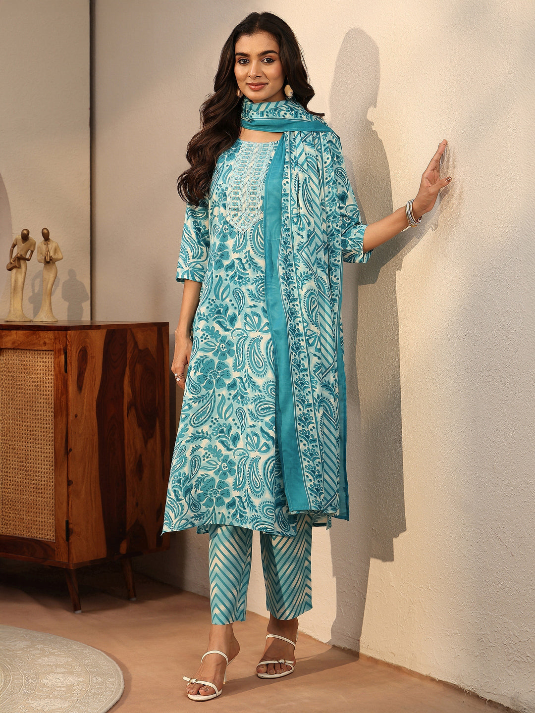 Blue Paisley Printed Cotton Straight Suit Set