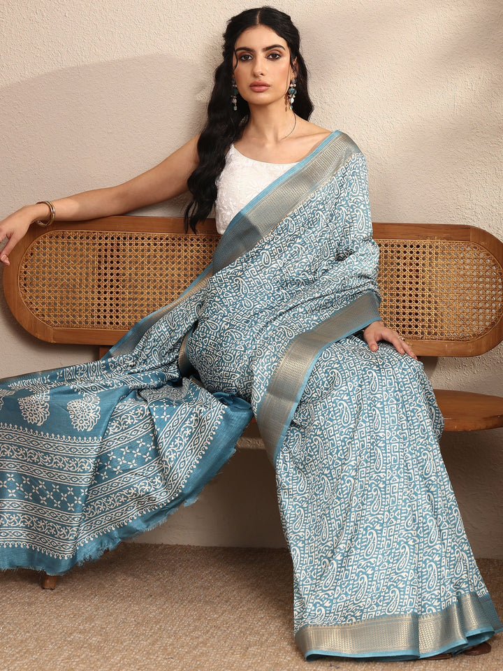 Blue Paisley Printed Silk Blend Saree With Unstitched Blouse Piece