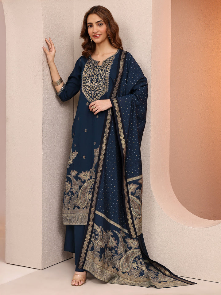 Blue Paisley Printed Silk blend Straight Suit Set With Dupatta