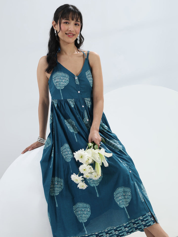 Blue Printed A-Line Cotton One-Piece Dress