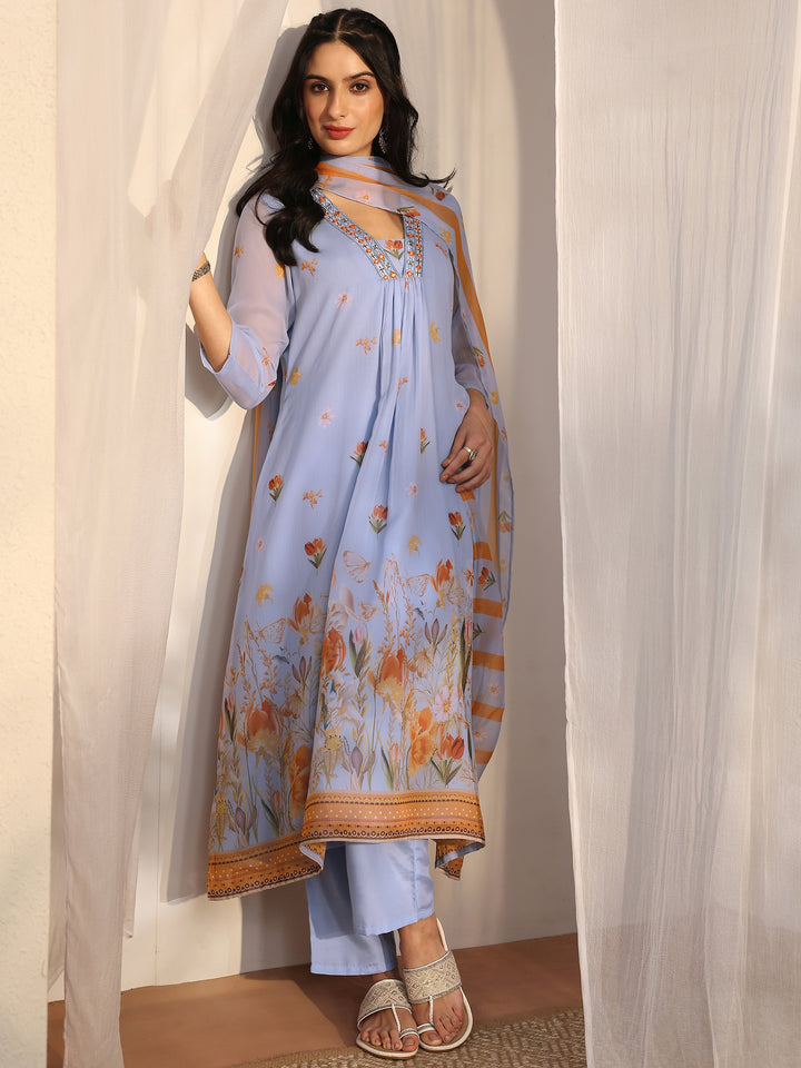 Blue Printed Chiffon A-Line Suit Set With Dupatta