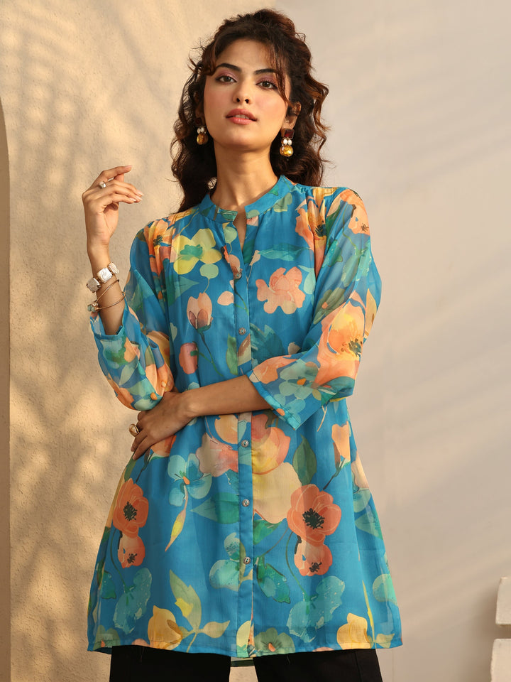 Blue Printed Chiffon Straight Shirt