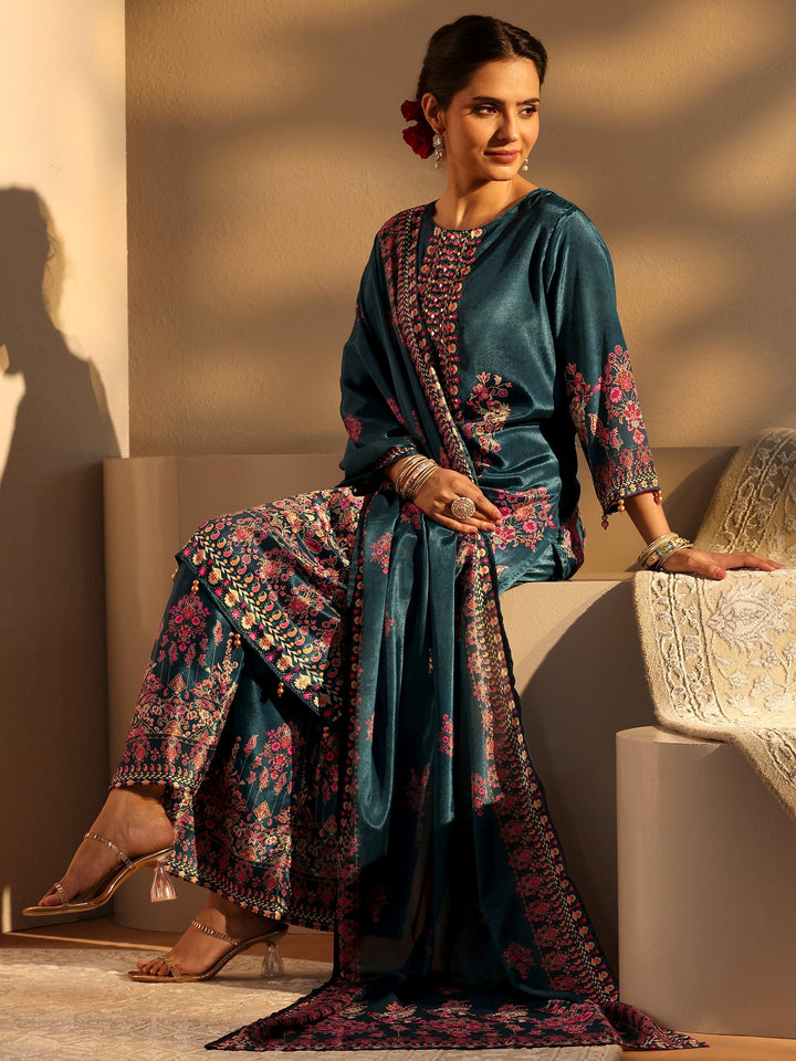 Blue Printed Chinon Palazzo Suit Set With Dupatta