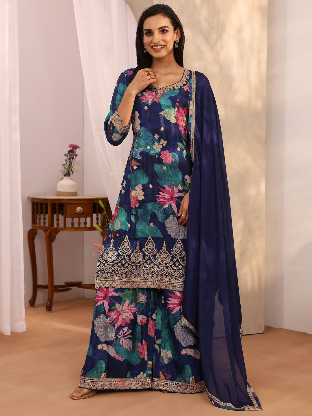 Blue Printed Chinon Straight Suit Set With Dupatta