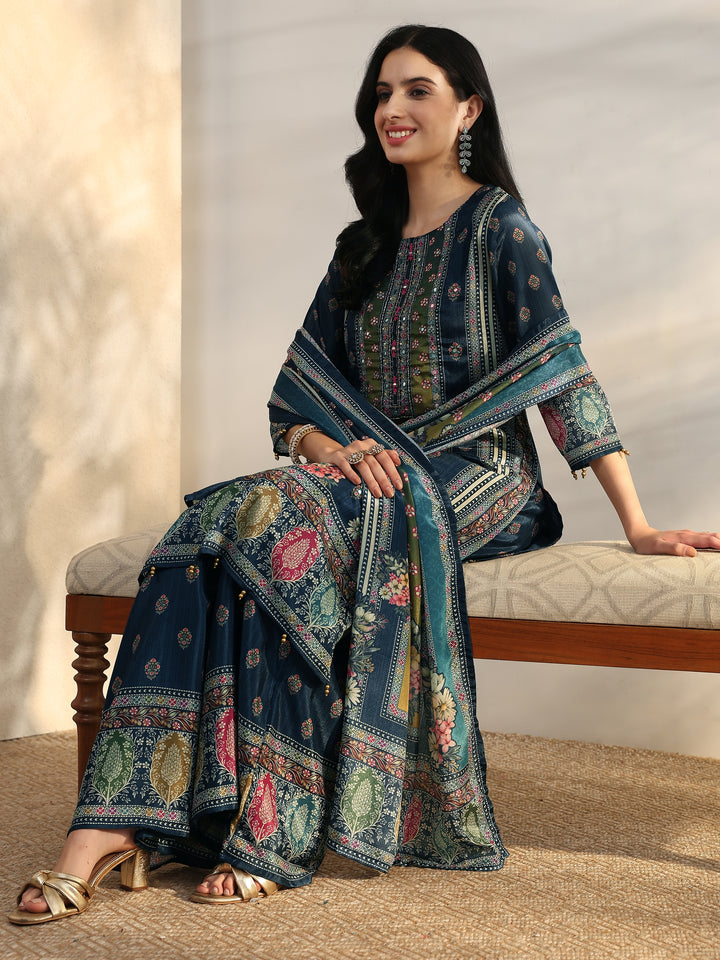 Blue Printed Chinon Straight Suit Set With Dupatta