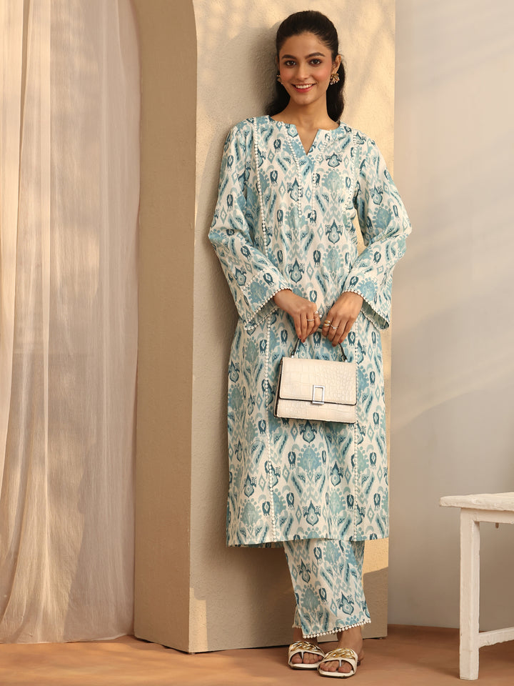 Blue Printed Cotton A-Line Kurta Set