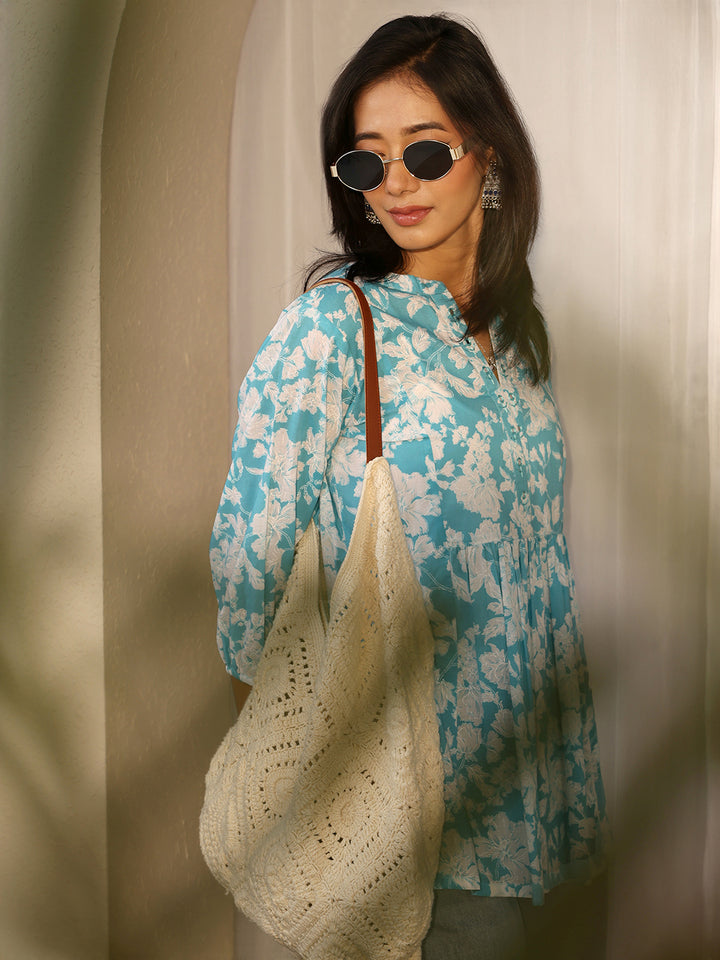 Blue Printed Cotton A-Line Short Kurti