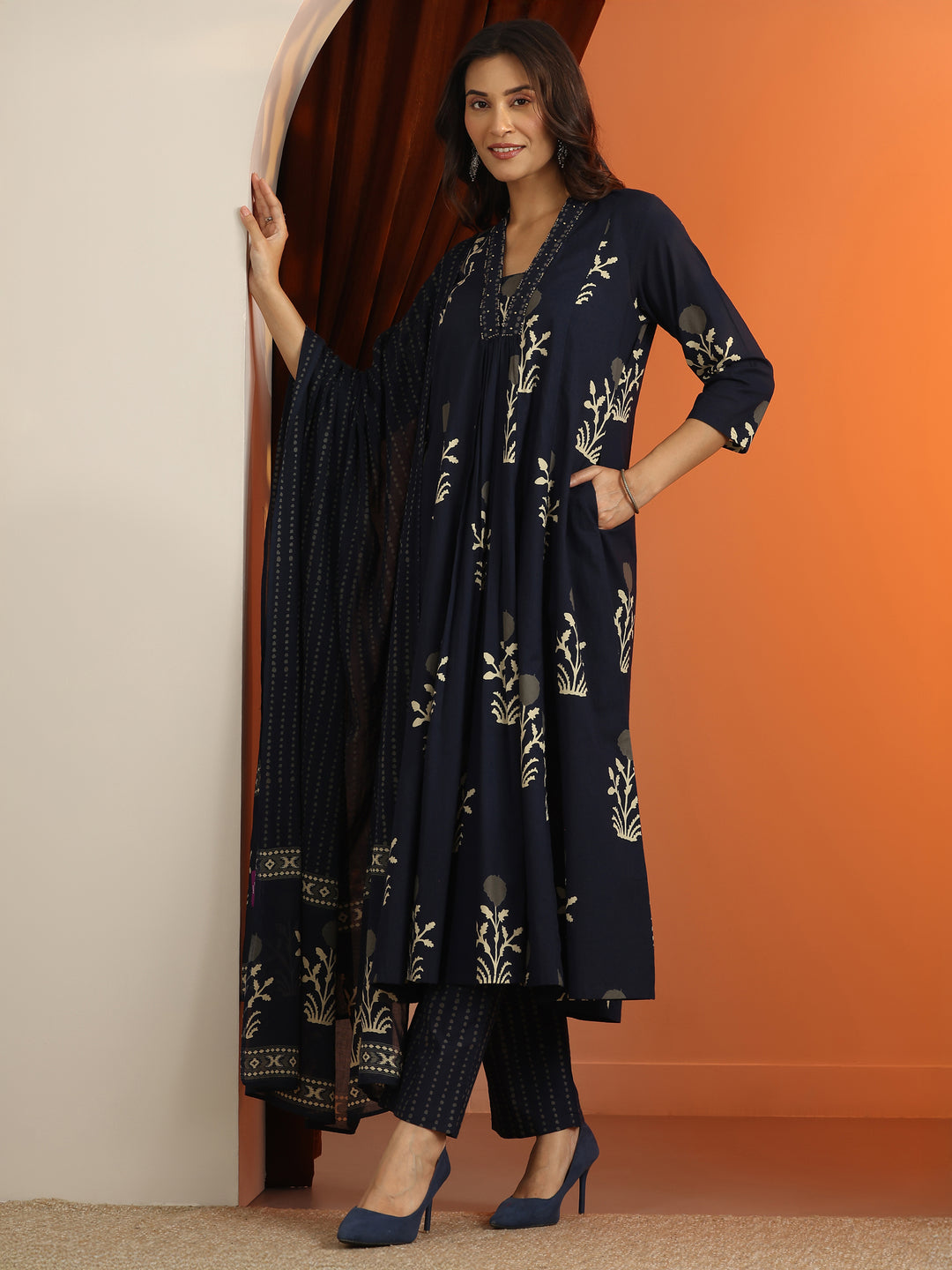 Blue Printed Cotton A-Line Suit Set With Dupatta