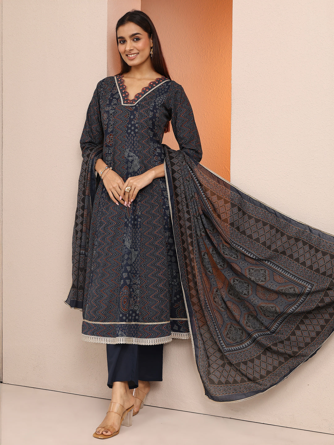 Blue Printed Cotton A-line Suit Set With Dupatta