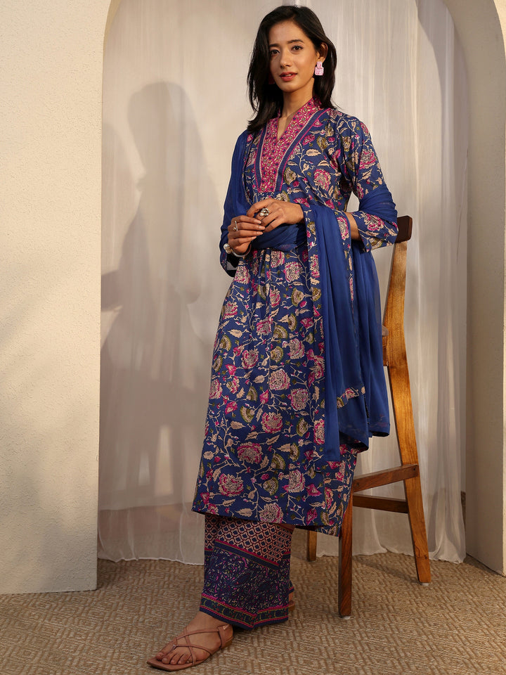 Blue Printed Cotton A-Line Suit Set With Dupatta