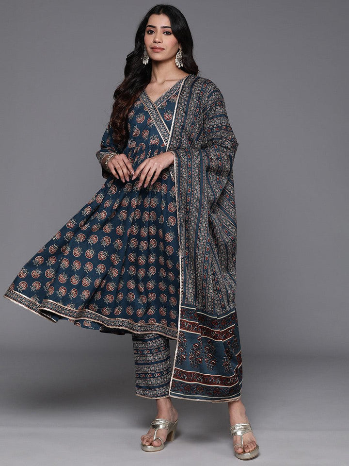 Blue Printed Cotton Anarkali Kurta With Trousers & Dupatta - ShopLibas