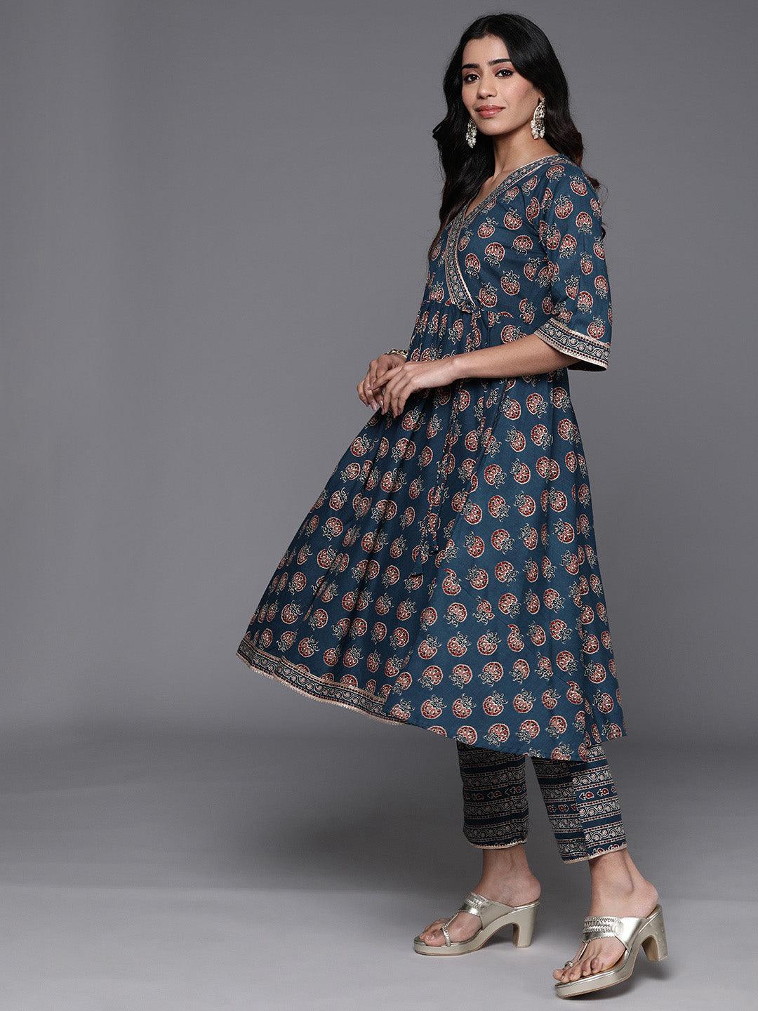 Blue Printed Cotton Anarkali Kurta With Trousers & Dupatta - ShopLibas