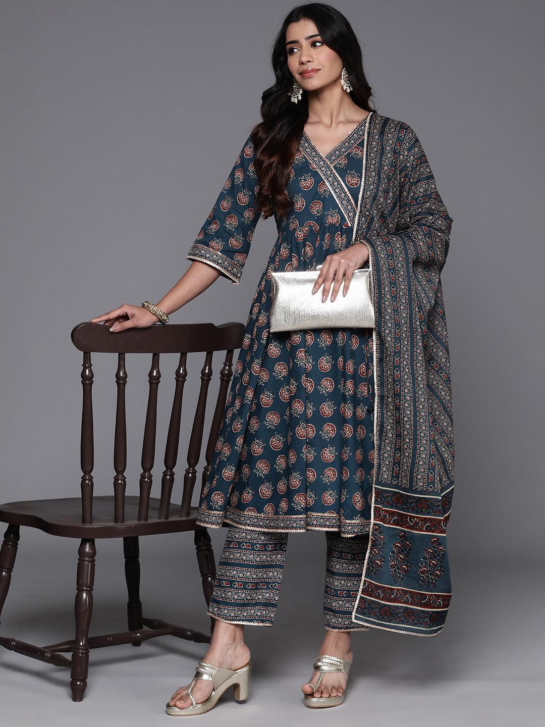 Blue Printed Cotton Anarkali Kurta With Trousers & Dupatta - ShopLibas