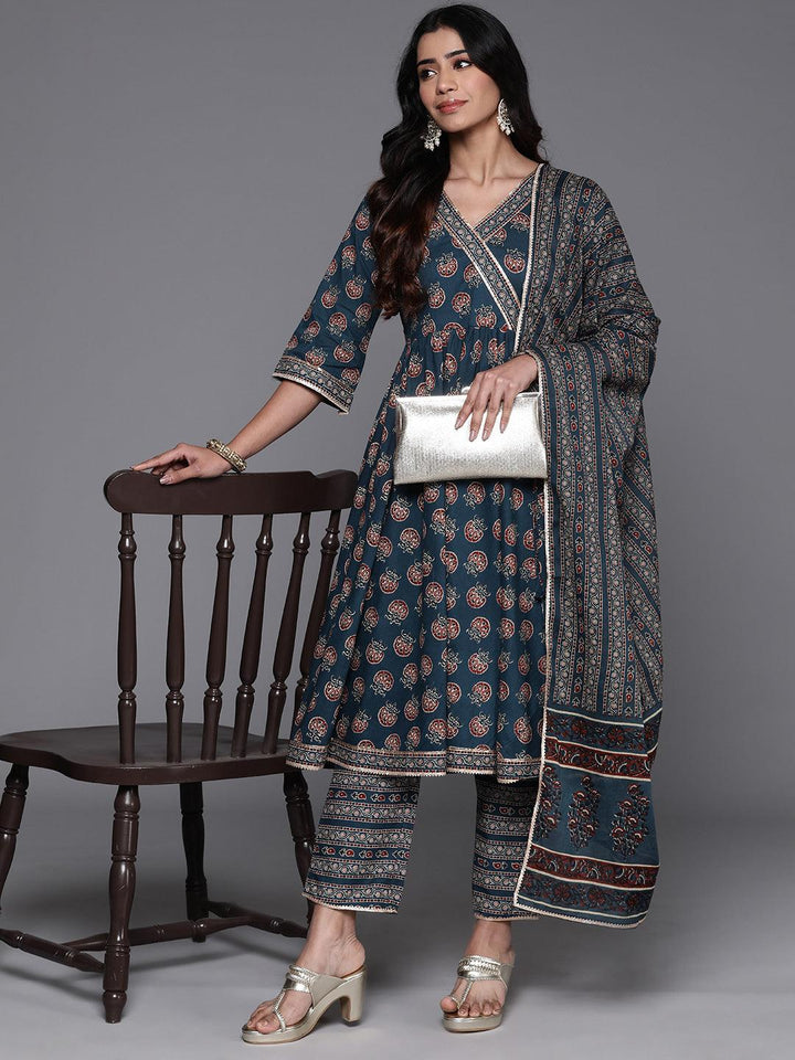 Blue Printed Cotton Anarkali Kurta With Trousers & Dupatta - ShopLibas