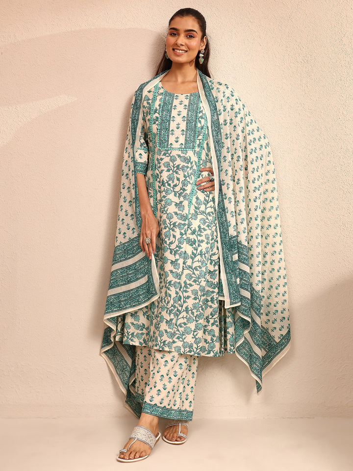 Blue Printed Cotton Anarkali Suit Set With Dupatta