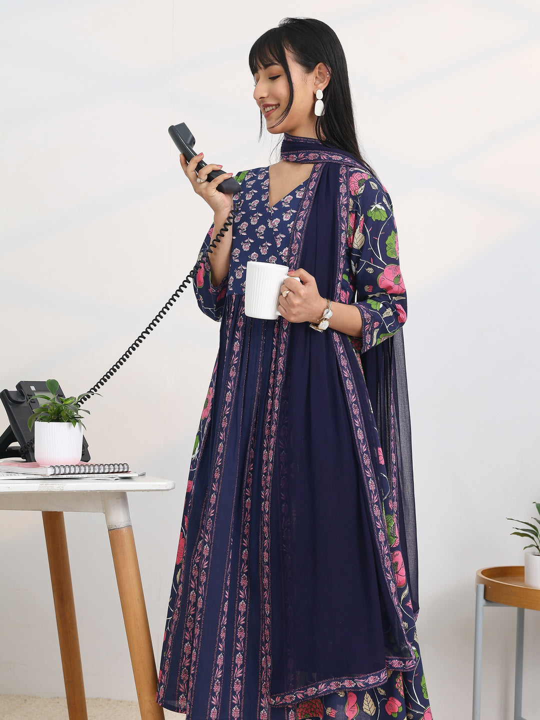 Blue Printed Cotton Blend A-Line Suit Set With Dupatta