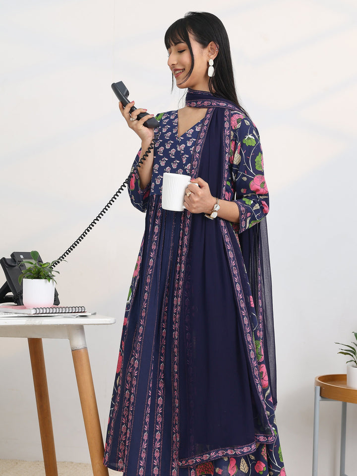 Blue Printed Cotton Blend A-Line Suit Set With Dupatta