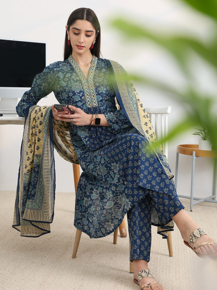 Blue Printed Cotton Blend A-Line Suit Set With Dupatta