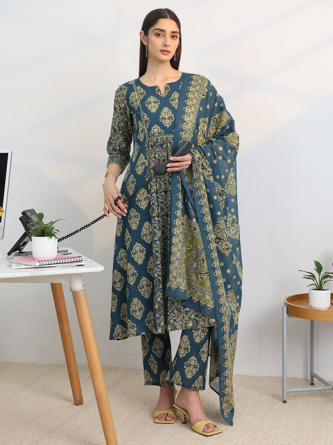 Blue Printed Cotton Blend A-Line Suit Set With Dupatta