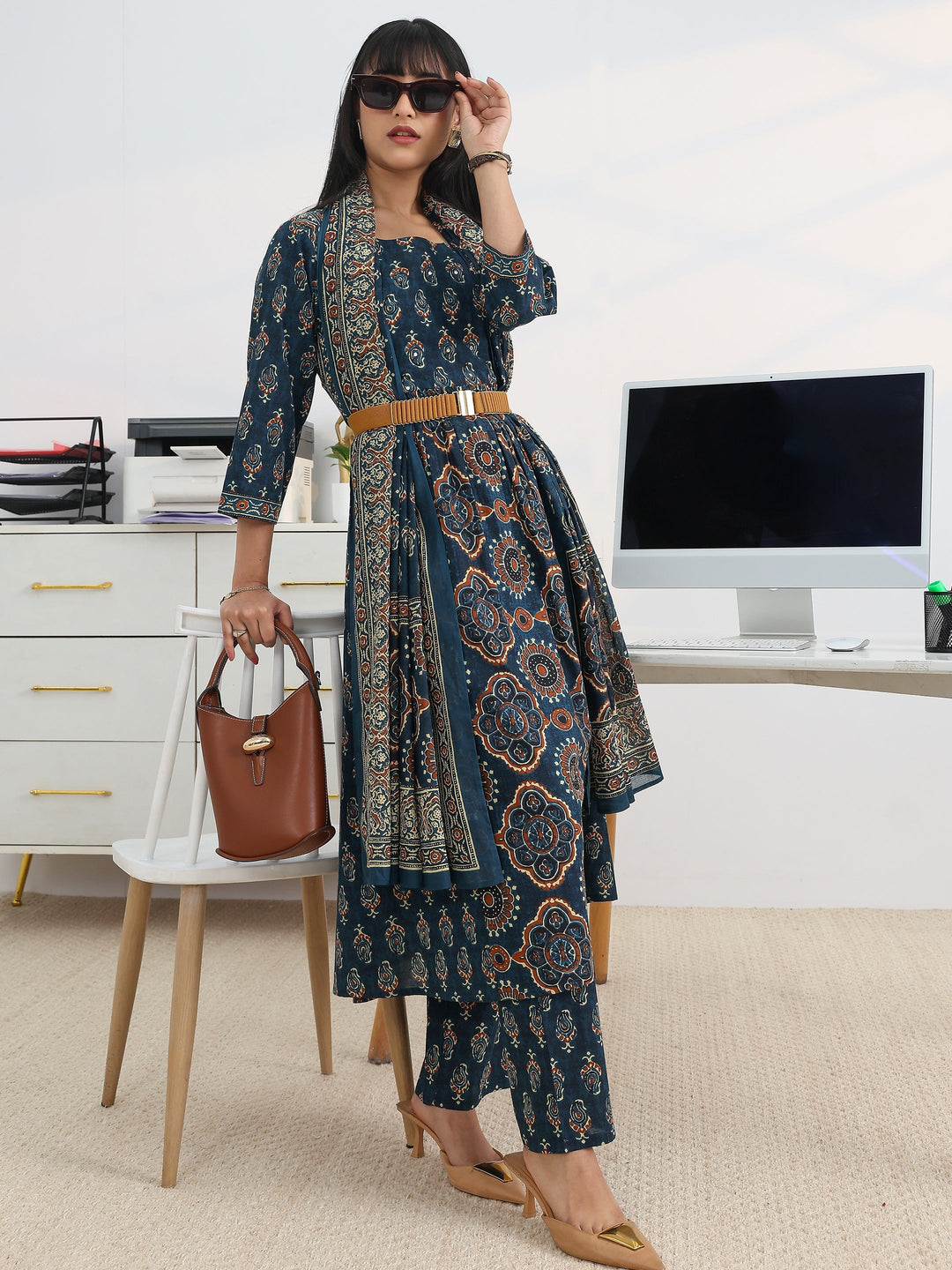 Blue Printed Cotton Blend A-Line Suit Set With Dupatta