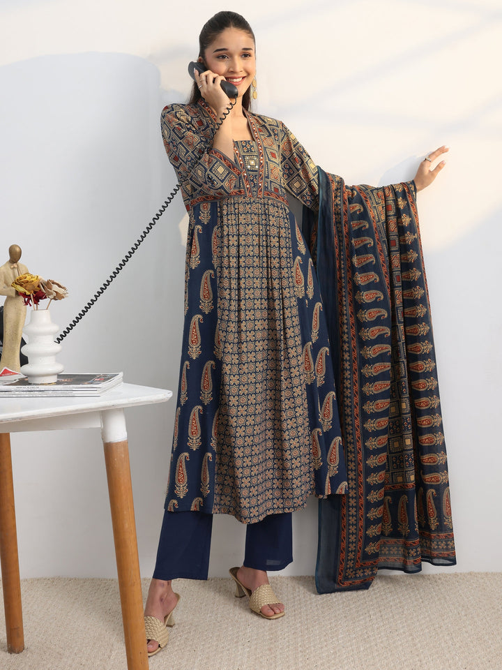 Blue Printed Cotton Blend A-Line Suit Set With Dupatta