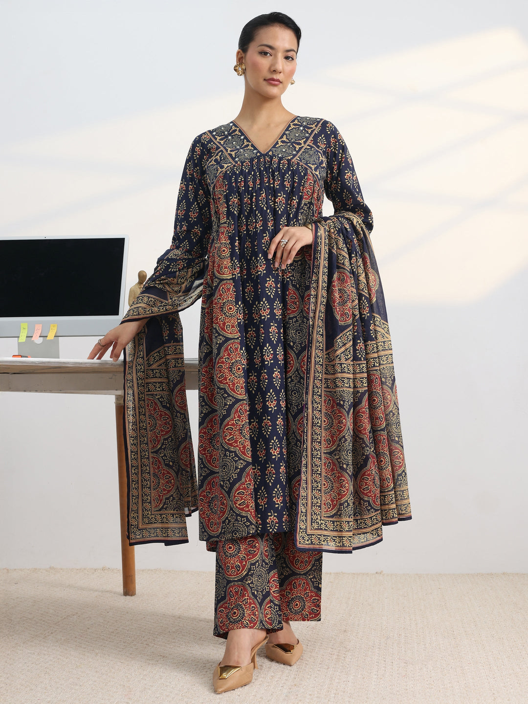 Blue Printed Cotton Blend A-Line Suit Set With Dupatta