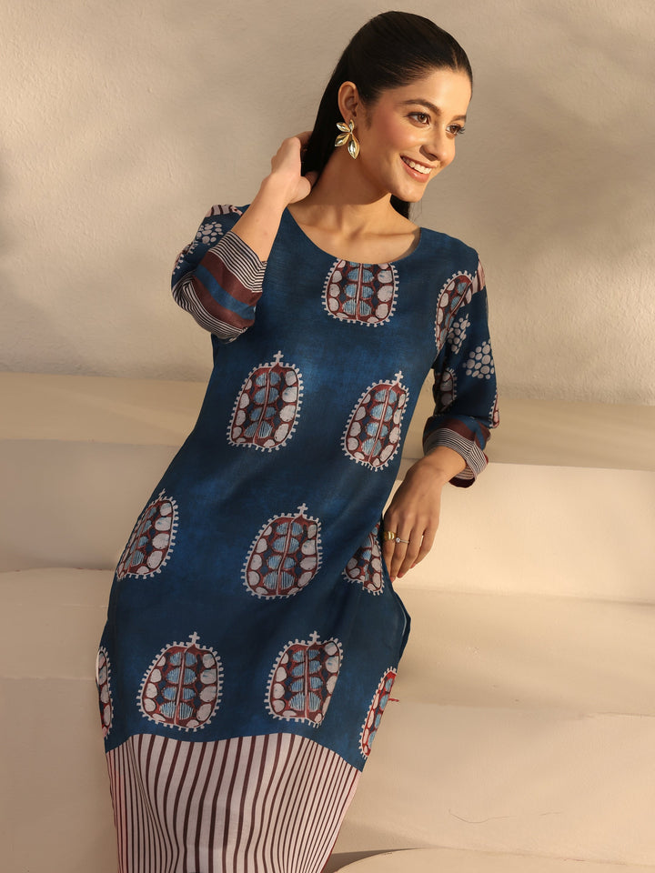Blue Printed Cotton Blend Straight Kurta
