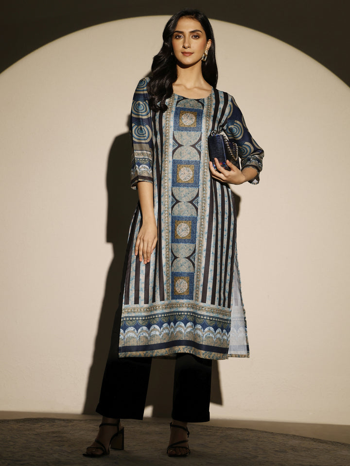 Blue Printed Cotton Blend Straight Kurta