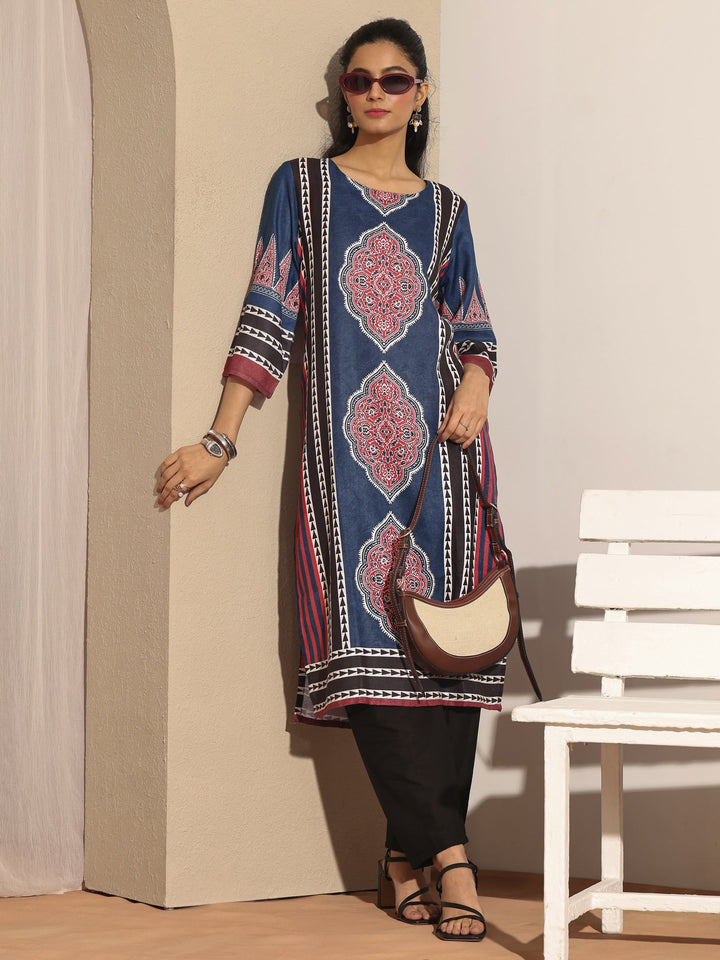 Blue Printed Cotton Blend Straight Kurta
