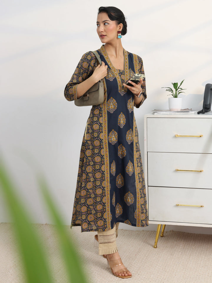 Blue Printed Cotton Blend Straight Kurta
