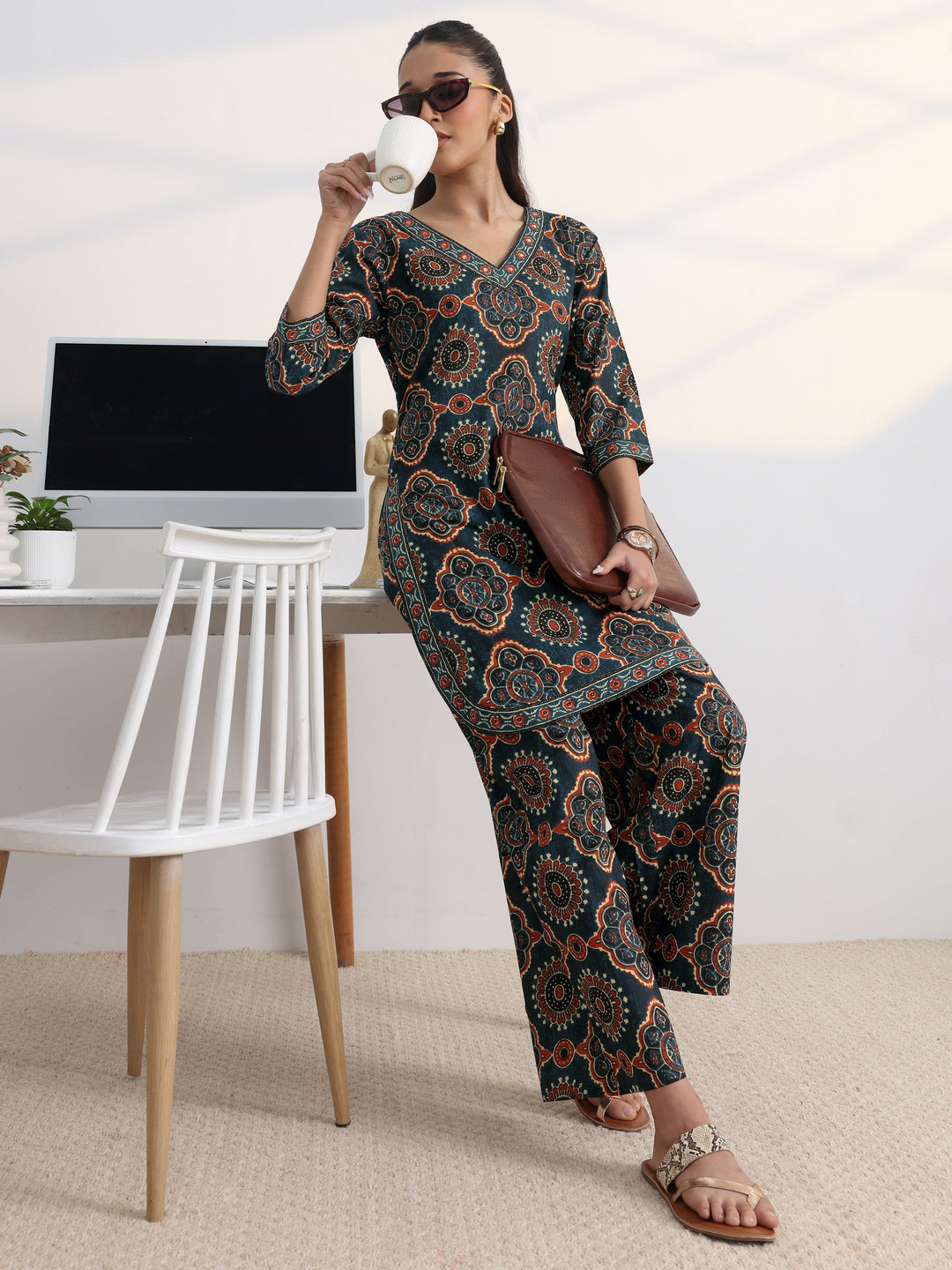 Blue Printed Cotton Blend Straight Kurta Set