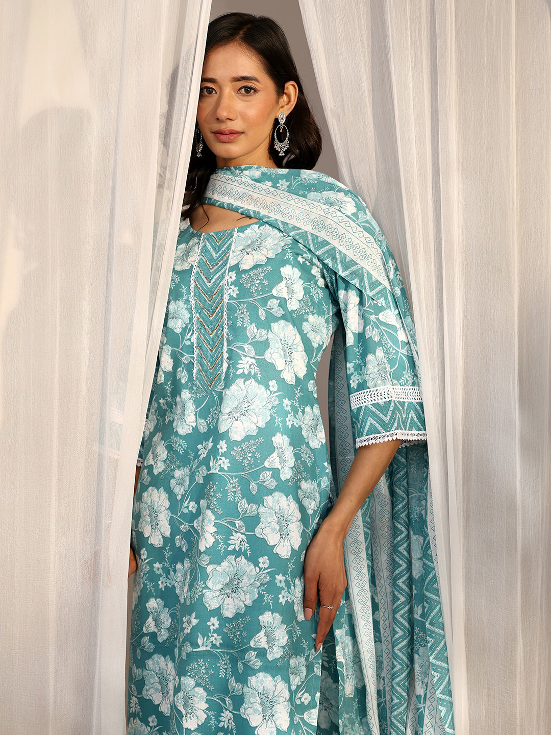 Blue Printed Cotton Blend Straight Suit Set With Dupatta