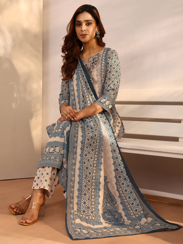 Blue Printed cotton blend Straight Suit Set With Dupatta