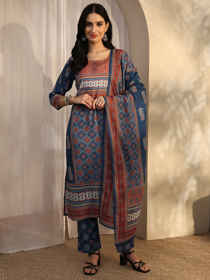 Blue Printed Cotton Blend Straight Suit Set With Dupatta