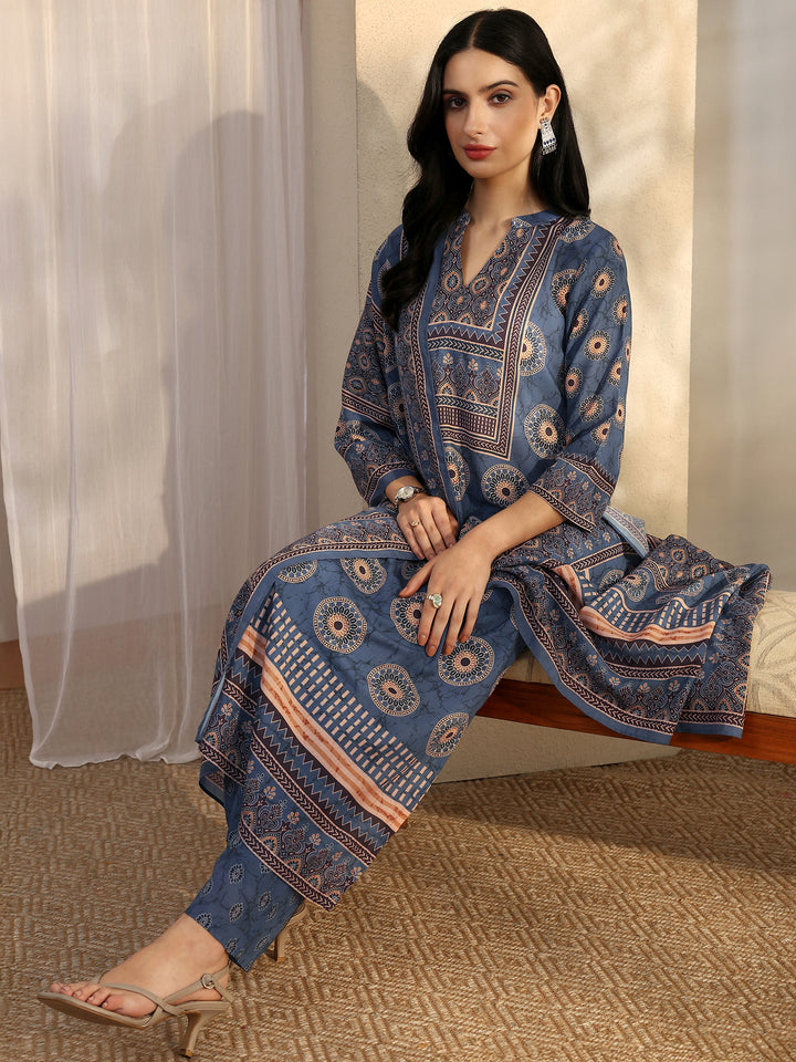 Blue Printed Cotton Blend Straight Suit Set With Dupatta