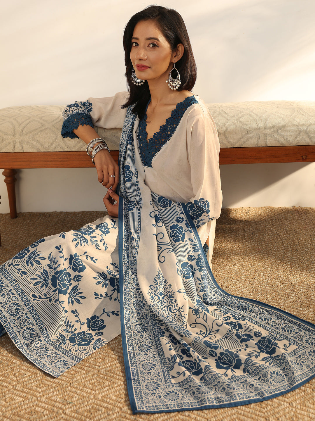 Blue Printed Cotton Blend Straight Suit Set With Dupatta