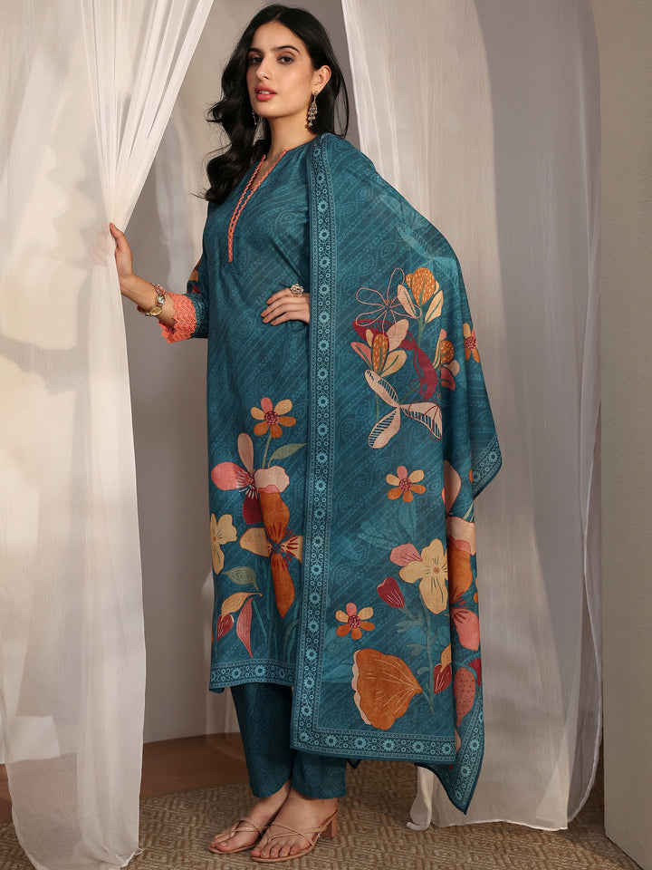 Blue Printed Cotton Blend Straight Suit Set With Dupatta
