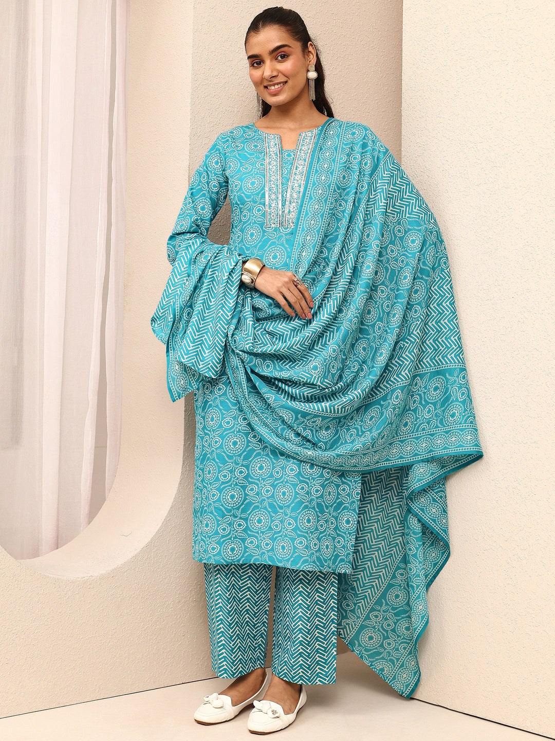 Blue Printed Cotton Blend Straight Suit Set With Dupatta