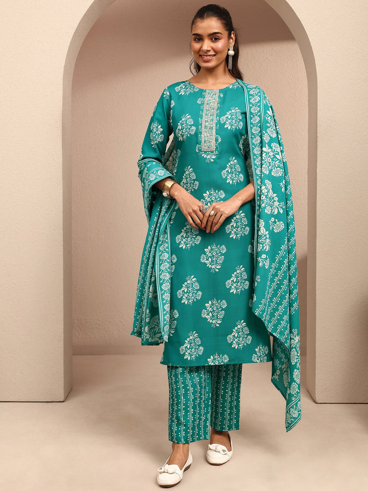 Blue Printed Cotton Blend Straight Suit Set With Dupatta